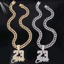 1pc Miami Men's Cuban Link Number 23 Pendant Necklace, Hip Hop Fashion Rhinestone Jewelry, Stainless Steel Accessory