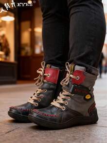 1 Pair TMA EYES Women's Leather + PU Mixed Color Fluffy Lining Warm Comfortable Short Boots, Black, Wide Fit Plus Size, Outdoor Casual, Style With Black Skirt - Black - View 2