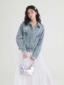 Áo khoác denim nữ viền bèo nhún, dáng rộng, đa năng cho mùa thu - Rửa trung bình - Xem 5