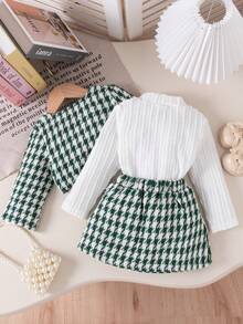 3 件套幼儿女童时尚红色格子夹克、高领上衣和玫瑰纽扣裙，秋冬 - 綠色 - 查看 3