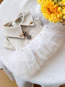 1pc Pet Clothes, Dog/Cat Apparel, Small Dog/Puppy Poodle Teddy Casual Fashion Cute Romantic Tulle Skirt Series, Beige Sequin Mini Skirt - Multicolor - View 5