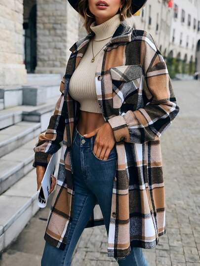 Camisa de franela con botones para mujer, de manga larga, a cuadros, tipo chaqueta, de estilo casual de negocios, blusa superior, engrosada de longitud media, vestido de camisa, ropa de otoño para vacaciones