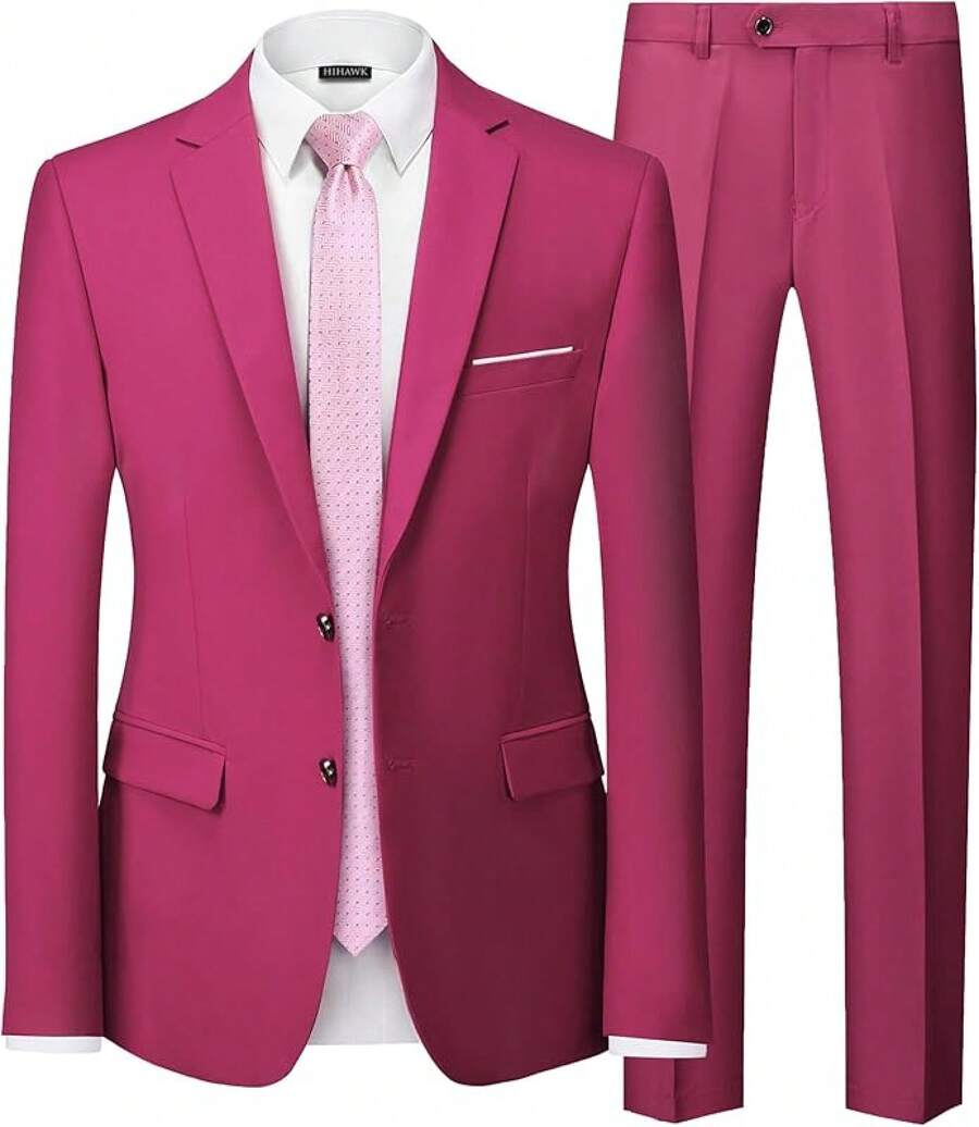 Traje de 2 piezas para hombre Hihawk, conjunto de pantalones sólidos de 2 botones, FGLB Navidad - Fucsia - Ver 1