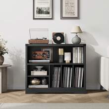 Record Player Stand With Vinyl Storage Cabinet, Wood Turntable Table With Open Shelf, Storage Organizer For Living Room, Office - Black - View 2