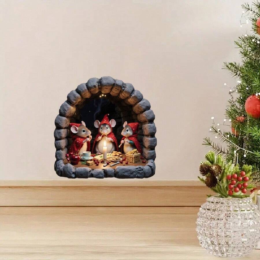 ملصق حائط زخرفي لعيد الميلاد قطعة واحدة، لوحة فنية جدارية لمشهد عطلة الفأر ذي الرداء الأحمر للمنزل وغرفة المعيشة والنوم والمطبخ، ملصق ذاتي اللصق للفأر الجميل والشموع والطعام