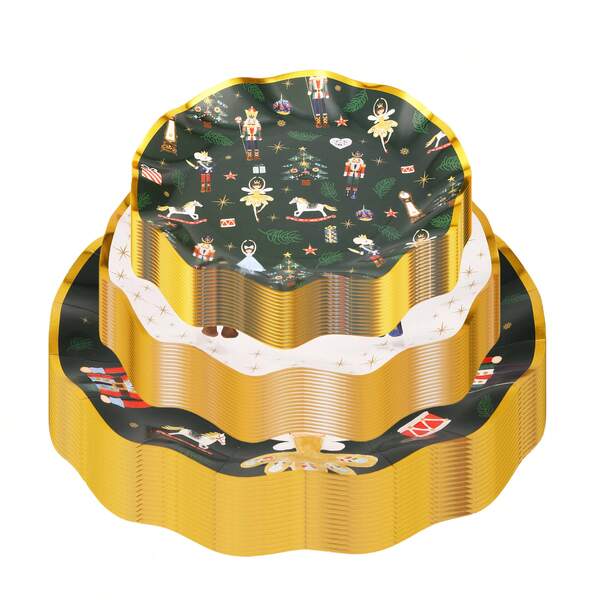 10/30/50 Stücke Nussknacker Soldat Pappteller, Weihnachts-Feiertags-Pappteller für Dinner, gewellt mit goldfarbener Foliengestaltung, 26,7 cm/22,9 cm/18,4 cm Einweg-Partyzubehör für Weihnachten und Neujahrsfeiern, Weihnachtstischdekoration, strapazierfähig