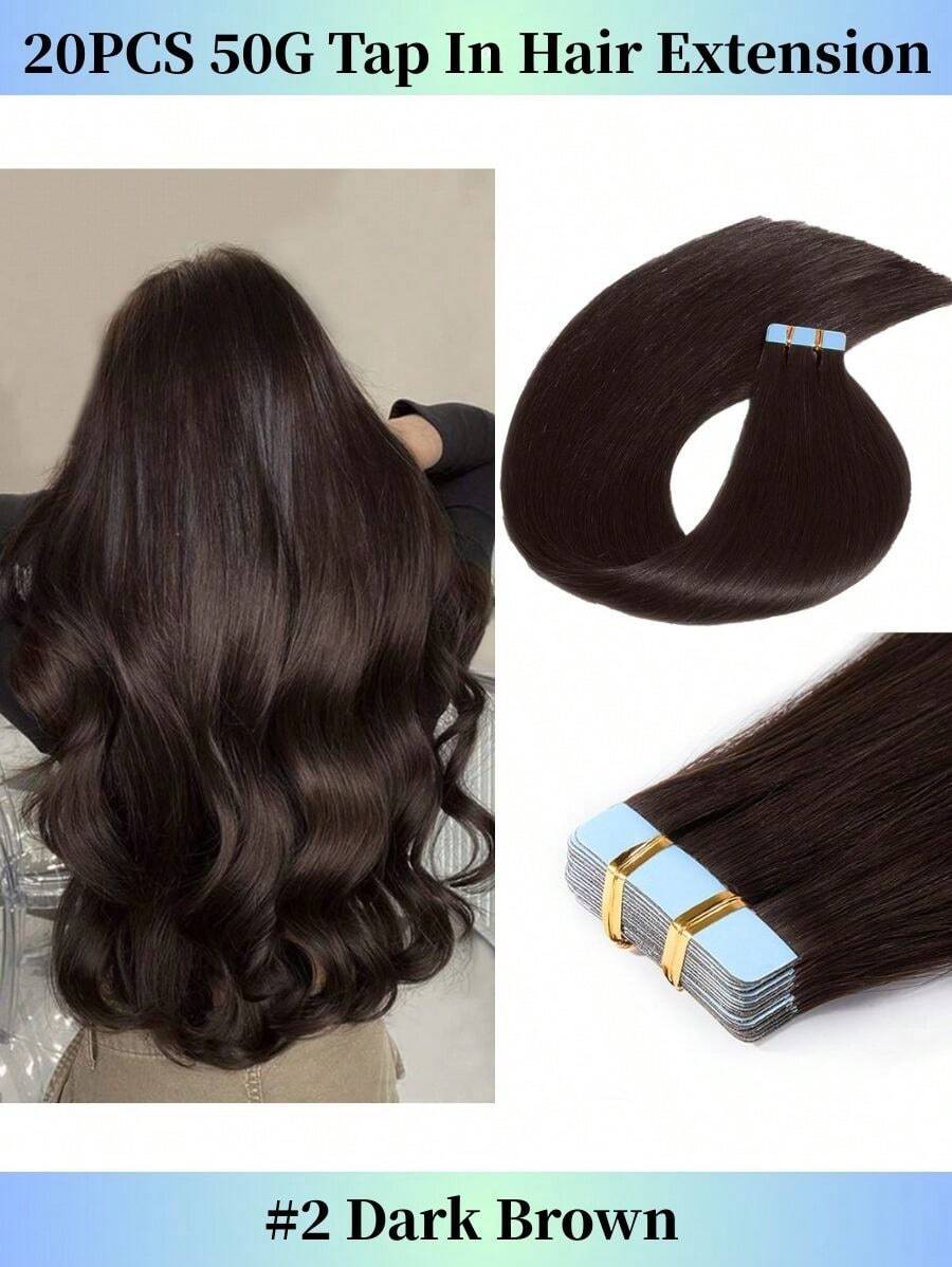 Tape In Hair Extensions 16-26Inch Real Human Hair Tape In Extensions 2#Dark Brown 20Pcs Double Sided Tape In Human Hair Remy Hair Straight Natural Seamless Hair Extensions For Women - S2 - View 1