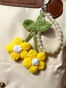 1 pieza Llavero con colgante de flor de pompón de estilo bohemio con cadena de perlas, accesorio creativo para mochila de mujer, accesorio para bolso, regalo de cumpleaños, recuerdo de fiesta