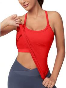 Workout Tops Women With Built In Bra, Sleeveless Gym Tops Seamless Racerback Athletic Yoga Shirts, Activewear - 紅色 - 查看 11