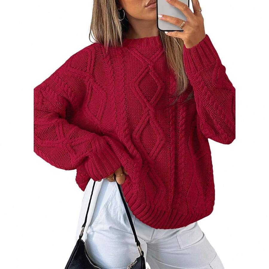 2025  Women's Oversized Cable Knit Crewneck Sweaters - 紅色 - 查看 1