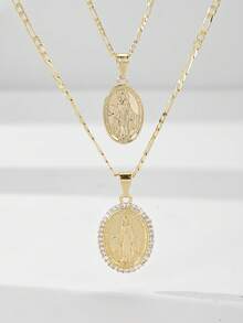 2 件 2025 新款防过敏铜镶嵌锆石瓜达卢佩圣母玛利亚吊坠项链，适合母亲节/情人节情侣/朋友/教父母礼物、天主教初次圣餐、礼物、日常和节日佩戴祈祷 - 金黃色 - 查看 12