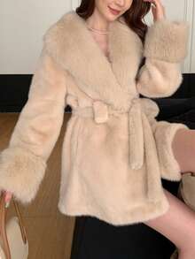 Women's Solid Color Long Sleeve Faux Fur Collar Tie Waist Christmas Jacket - Apricot - View 2