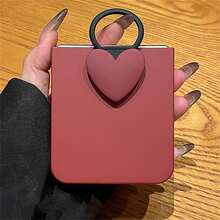 奢华简约纯色酒红色手机壳，带3D心形指环支架，兼容三星Galaxy ZFlip7、ZFlip6、ZFlip 5手机，后盖 - 酒紅 - 查看 2