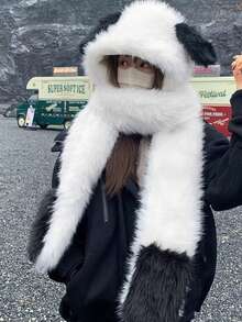 1pc Soft Plush Cat Ear Hat With Integrated Scarf, Unisex Winter Warm Fashion, Lightweight Knitted, Snap Closure, Suitable For Singles Party, Fuzzy Fox Hat, Autumn/Winter Bomber Hat With Scarf, Cute Bear Hat For Cycling