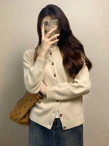 Cárdigan suave estilo coreano para mujer, suéter de punto grueso, chaqueta ligera de manga larga cómoda para otoño/invierno con botones de seta al frente