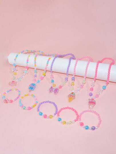 2pcs/Set Girls Cute Ice Cream Bow Pendant Necklace & Beaded Bracelet Set, Charm Jewelry Accessories For Holiday Party Birthday Gift, Random Color