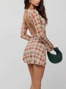 Womens Polka Dot Sheer Mesh Mini Dress Mock Neck Bodycon Flared Long Sleeve For Club Party Dress Going Out - 黃色 - 查看 4