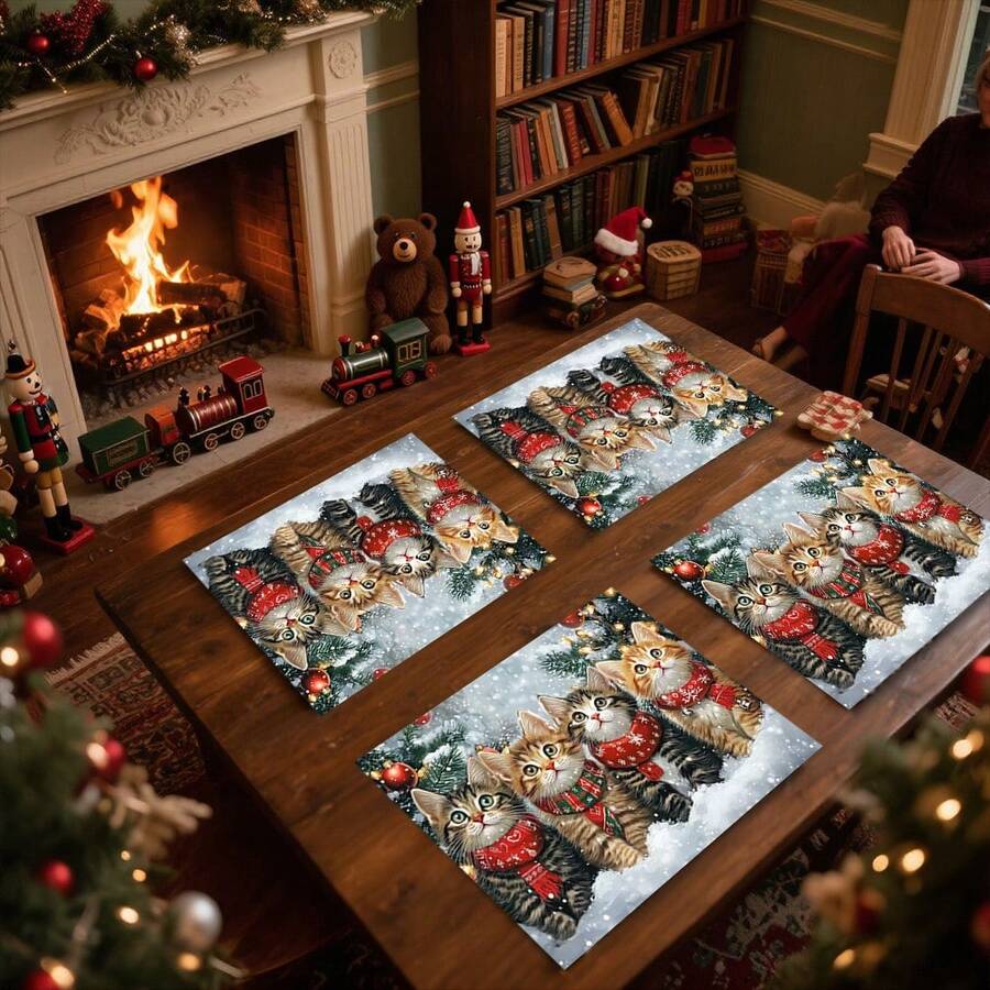 1 pièce/4 pièces/6 pièces Vaisselle avec motif de chat de Noël dans la neige, vaisselle thermoprotectrice, vaisselle en polyester lavable en machine, vaisselle de protection, décoration centrale, décoration quotidienne pour le salon familial, convient pour la décoration de rassemblement de groupe - Multicolore - Voir 1