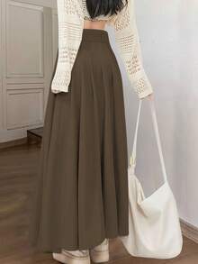 女士直筒百褶卡其色长裙，A字廓形，带口袋，通勤、约会、休闲穿着皆宜。 - 深卡其 - 查看 2