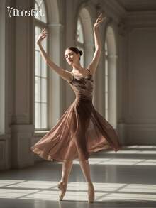 DonsGirl 女士芭蕾舞紧身衣 - 性感印花网纱荷叶边V领细肩带，法式优雅浪漫连体衣 | 全衬里和可拆卸胸垫 - 咖啡棕 - 查看 12