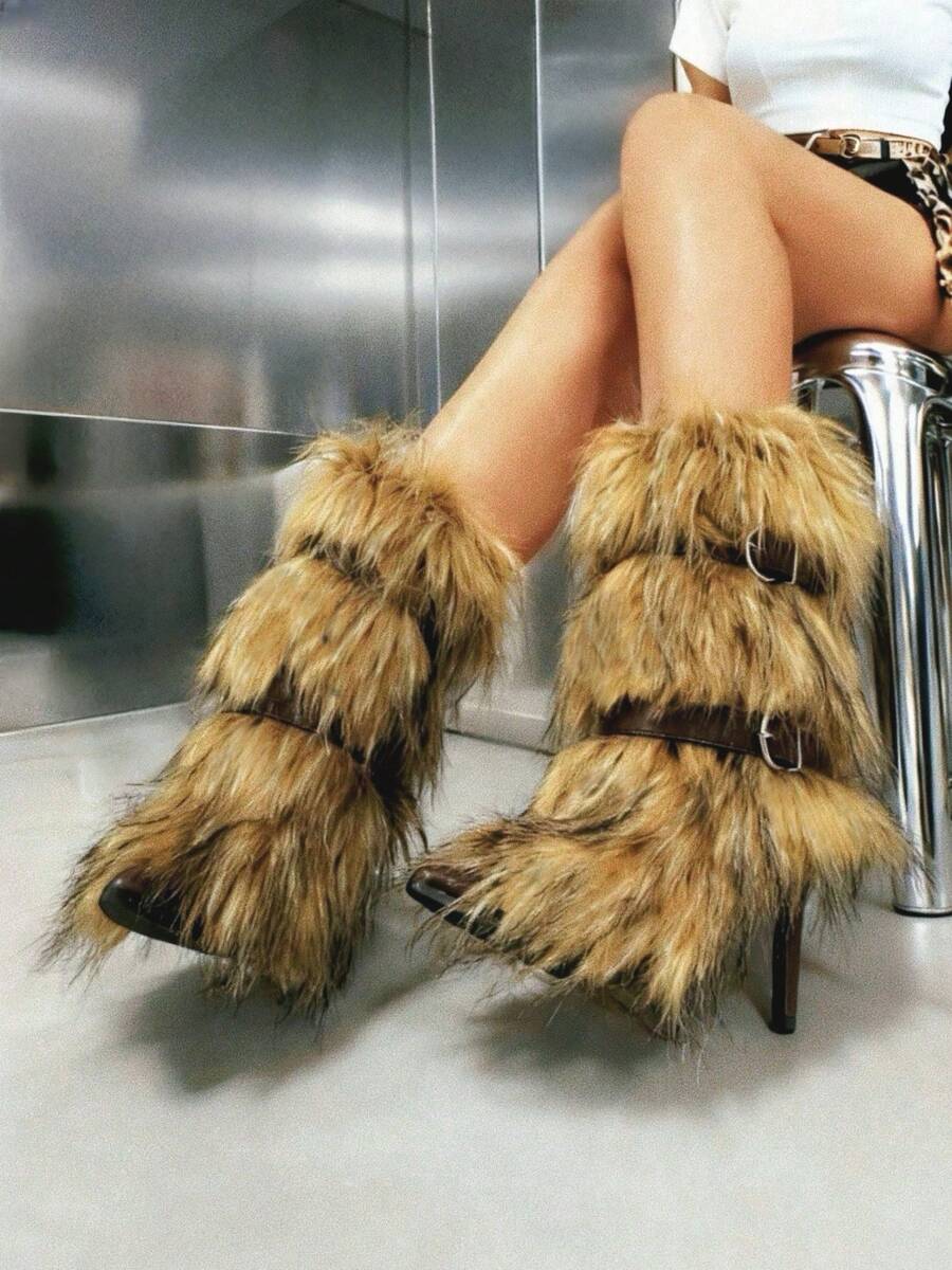 Women's Knee High Boots Point Toe Slip On Boots Sexy Stiletto High Heel Furry Boots Warm Straight Long Boots Belt Straps Decorative Fashion Boots Party Dressy Walking Women's Boots - 棕色 - 查看 1