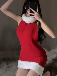 1 套全新圣诞礼物羊羔领露背角色扮演毛衣，性感修身睡袍，适合女士，秋冬 - 紅色 - 查看 3