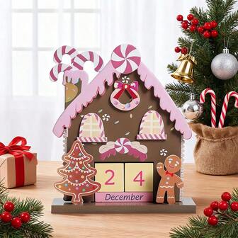 1 pezzo Calendario dell'Avvento a forma di casetta di pan di zenzero in legno rosa, 17 cm, calendario da tavolo, decorazione natalizia ideale per uffici, soggiorni, camere da letto, scrivanie, decorazione per la casa tutto l'anno, decorazioni natalizie per la stanza, decorazioni invernali