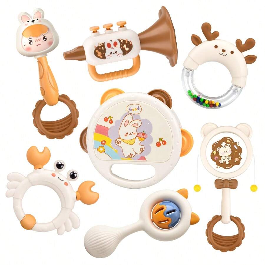 2/4/5pcs Children Dinosaur Rattle Toys With Teether - Sensory Development & Motor Skills Educational Toys, Mixed Color Baby Rattles Set With Bells, Horns And Teethers - Suitable For Newborns And Toddlers