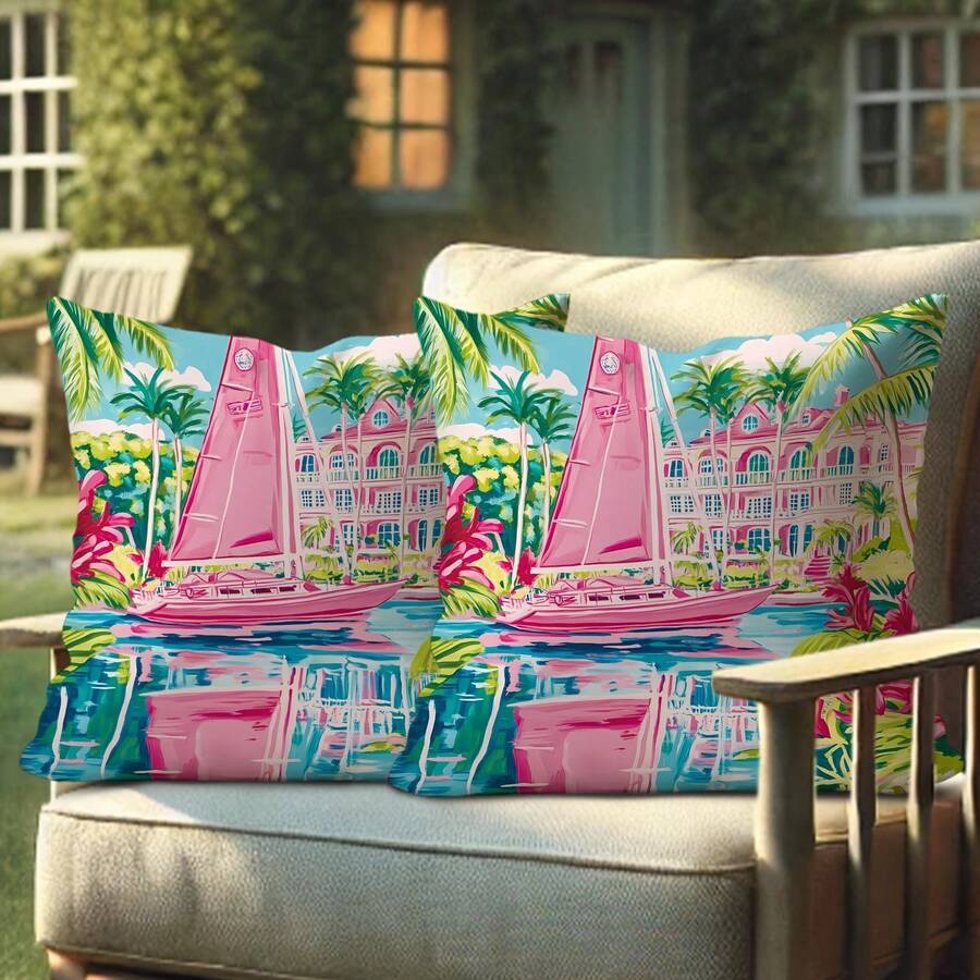 Tropical Outdoor Throw Pillow Covers 18x18 Inch - Vibrant Boat & Coconut Tree Print, Single-Sided Printed, Envelope Closure, For Patio, Balcony, Garden, Sofa & Tent Decor, Decorative Pillowcase - 樣式 1 - 查看 1