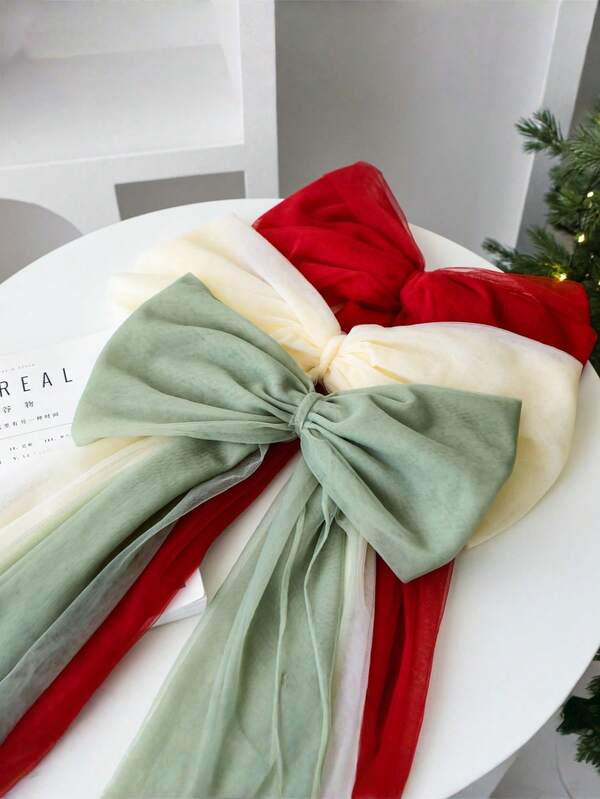 1pc Handmade Christmas Tulle Bow Ornament - Red & Beige, Elegant Ribbon Design For Tree Top, Wedding, Gift Box, And Home Display, Festive Holiday Decoration|Elegant Bow Design|Handcrafted Detail, Christmas Decorations, Best For Christmas Winter Room Decor