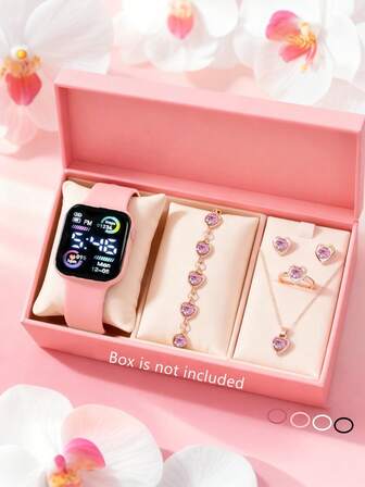 6/1 件全新浪漫、优雅、可爱、时尚、精致 LED 数字显示电子手表，带水钻装饰项链手链戒指耳环首饰套装，适合女孩的生日/节日礼物圣诞节万圣节派对返校季派对日常佩戴装饰优雅礼品套装