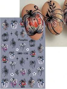 2PCS Fall Pumpkin 5D Embossed Nail Stickers Simple Pumpkin Flowers Black Edge DIY Designs 5D Autumn Nail Art Decals Self-Adhesive Sliders For Women Autumn Thanksgiving Manicure Accessories - 彩色 - 查看 3