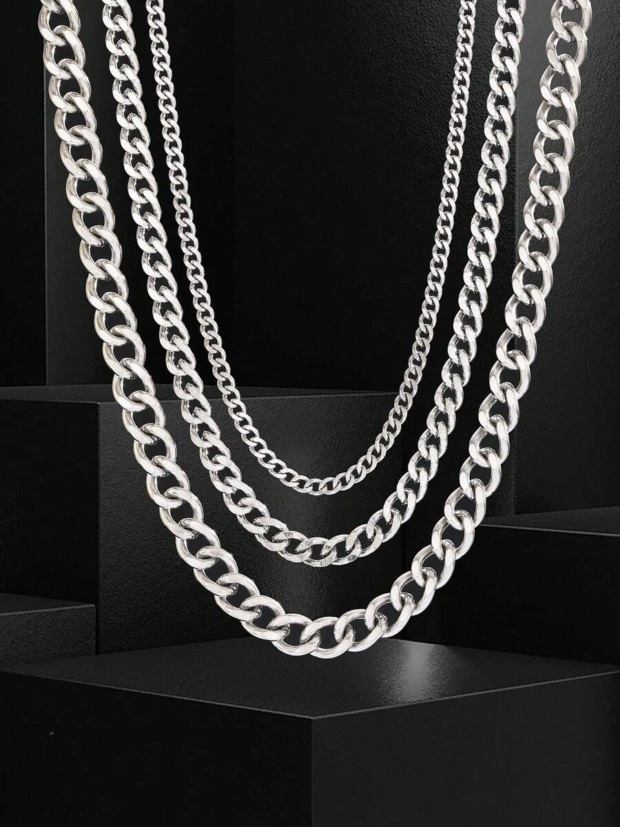 1pc Minimalist Stainless Steel Cuban Link Necklace, Suitable For Children, Fashion Party And Daily Wear - Silver - View 1