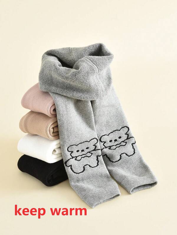 1pc Autumn/Winter Fleece Lined Tight Leggings, Cartoon Print Warm Baby Tights