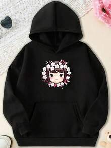 Cute Kawaii Japanese Ry Blossom Anime Girl Flower Hoodie,Fall Hoodies,Men's Fall Clothes,Street Wear,Halloween,Mens Hoodies,Y2k Clothes,Jesus Hoodie,Thanksgiving Day,Nightmare Before Christmas,Christmas - 黑色 - 查看 1