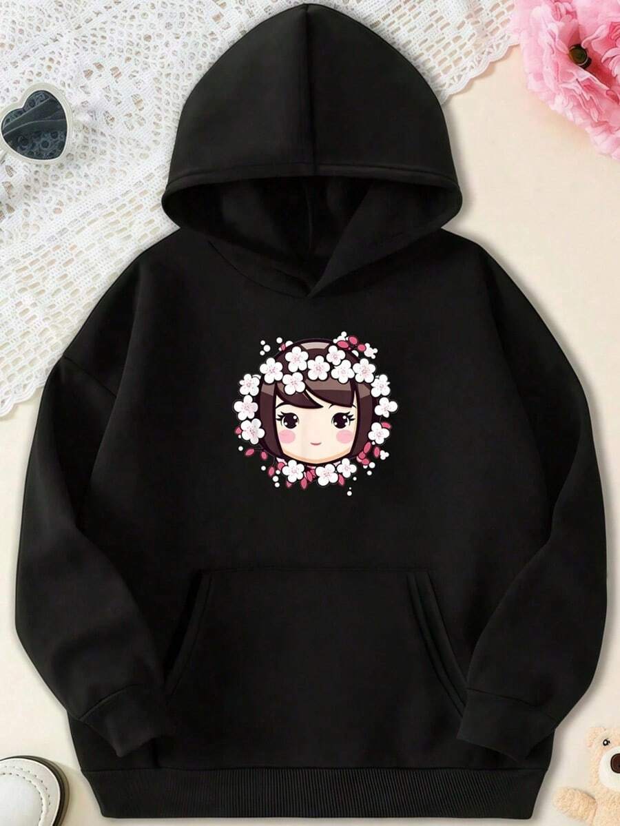 Cute Kawaii Japanese Ry Blossom Anime Girl Flower Hoodie,Fall Hoodies,Men's Fall Clothes,Street Wear,Halloween,Mens Hoodies,Y2k Clothes,Jesus Hoodie,Thanksgiving Day,Nightmare Before Christmas,Christmas - 黑色 - 查看 1