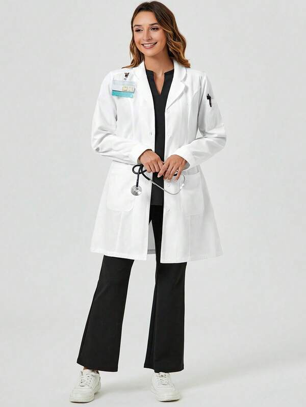 cimmuovere Plus Size Women's Lapel Long Sleeve Double Pocket Lab Nurse Scrubs Workwear Dentist Healthcare Pet Hospital Laboratory Coat