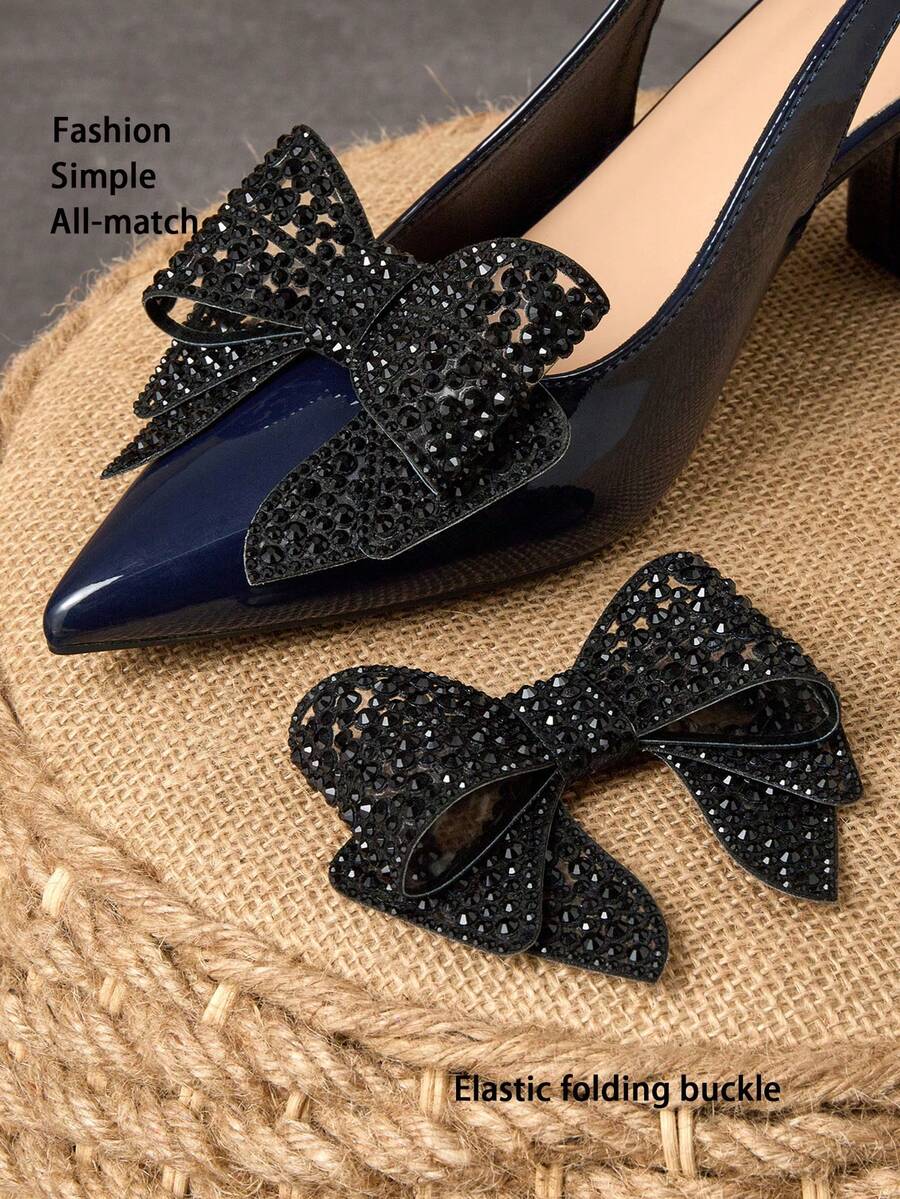 1 Pair Rhinestone Bowknot Shoe Clips, Glamorous Detachable Shoe Flower Elastic Foldable Decorative Clips, Suitable For Weddings, Parties, Galas, Versatile For High Heels, Flats, Bags - Black - View 1