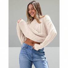 2025  Women's Oversized Cable Knit Crewneck Sweaters - 奶油 - 查看 4