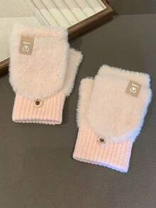 1双女士翻盖半指白色毛绒露指手套，加厚保暖，适合学生秋冬写字骑行，加厚针织露指写字带触摸屏，休闲腈纶