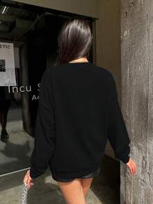 1 pièce Joyeux ivre je suis sweat-shirt en polaire à imprimé lettrage de Noël pour femmes, pull-over chaud, Top décontracté à manches longues, sweat-shirt confortable en mélange de coton - Noir - Voir 2