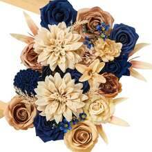 Artificial Khaki Brown & Blue Flowers, Silk Fake Flowers For DIY Wedding Bouquets Cake Flower,Table Centerpieces  Birthday Party Home Decorations - 款式16 - 查看 1