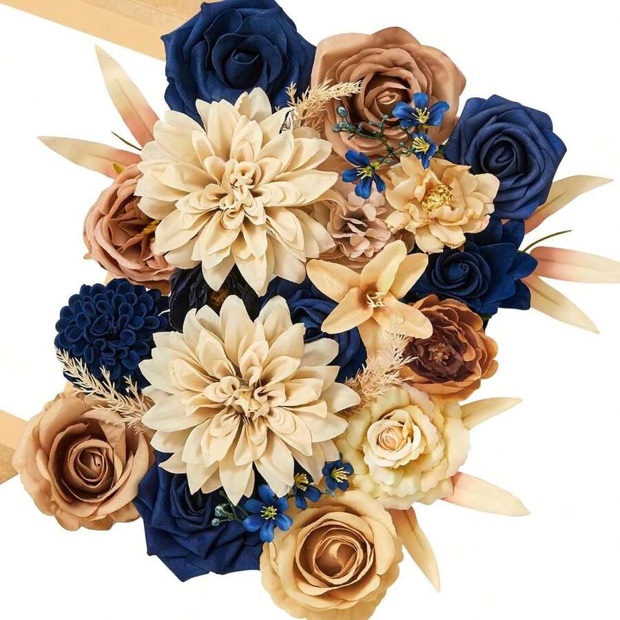 Artificial Khaki Brown & Blue Flowers, Silk Fake Flowers For DIY Wedding Bouquets Cake Flower,Table Centerpieces  Birthday Party Home Decorations - 款式16 - 查看 1