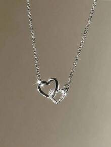 Collar de cadena de clavícula en forma de corazón entrelazado de plata esterlina, con diseño elegante y único, estilo exquisito y simple, versátil para la  femenina. - Collar de clavícula de plata de ley con corazón entrelazado - Ver 9