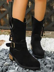 Botas de vaquera con cuentas para mujer, estilo europeo y americano, nueva moda otoño/invierno 2025 con hebilla y tacón grueso, punta afilada, botas de vestir