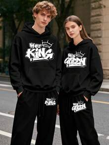 (2PC) Couple's Set Of Fashionable And Casual Printed Hoodies And Sweatpants For Both Men And Women, Autumn And Winter Men's Sportswear, Fashionable And  Sportswear Printed, Suitable For Casual Outdoor Sports And Holiday Gift Giving.HER KING/HIS QUEEN - Phụ nữ-Đen - Xem 1