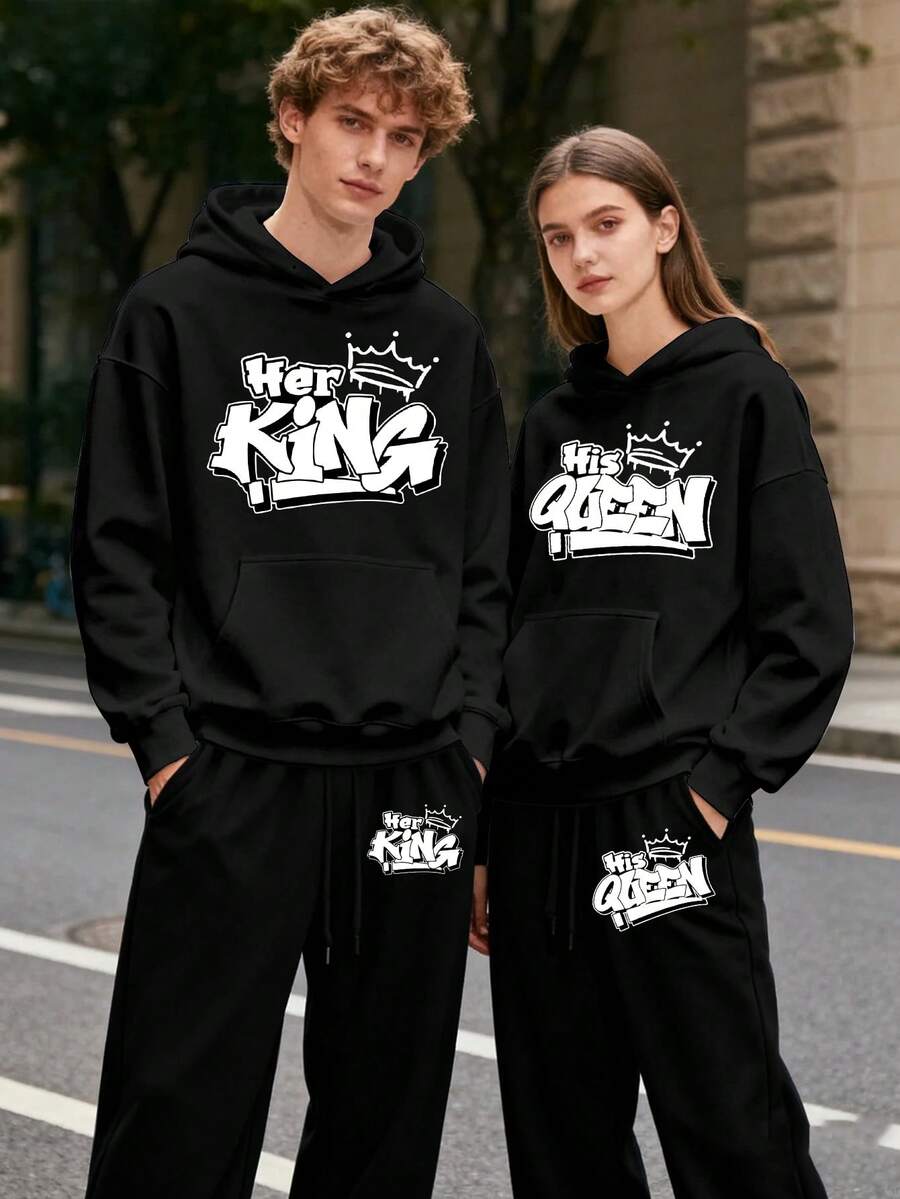 (2PC) Couple's Set Of Fashionable And Casual Printed Hoodies And Sweatpants For Both Men And Women, Autumn And Winter Men's Sportswear, Fashionable And  Sportswear Printed, Suitable For Casual Outdoor Sports And Holiday Gift Giving.HER KING/HIS QUEEN - Phụ nữ-Đen - Xem 1