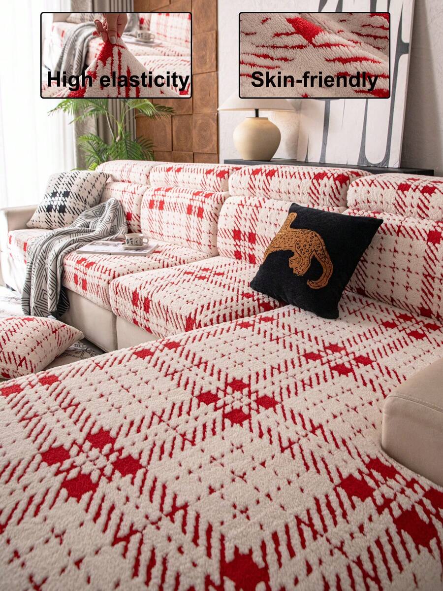1pc Solid Color Teddy Plush Sofa Cover, Elastic Wrap-Around, Warm & Comfortable, Simple Ins Style, Pet-Friendly, Non-Slip, Machine Washable, Suitable For L-Shaped Sofa 1/2/3/4 Seats, Living Room, Bedroom, Study - Red - View 1