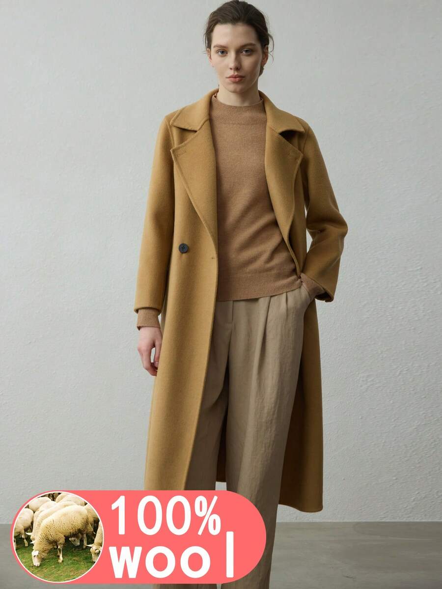 新款高端100%羊毛女式大衣，时尚系带长款保暖双面羊毛大衣，女士冬季外套，新年、感恩节、冬季优雅外衣 - 駝色 - 查看 1