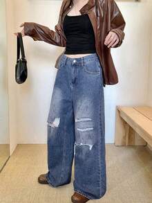 Distressed Loose Fit Flare Leg Jeans For Women, Casual - Dark Wash - View 4